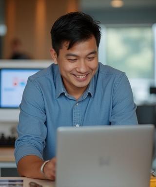 Carlos Nguyen, E-commerce Lead working on laptop