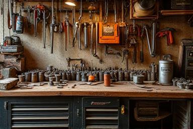 Rugged garage workshop with tools and equipment symbolizing company origins