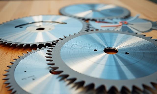 Close-up of various circular saw blades on a wooden surface