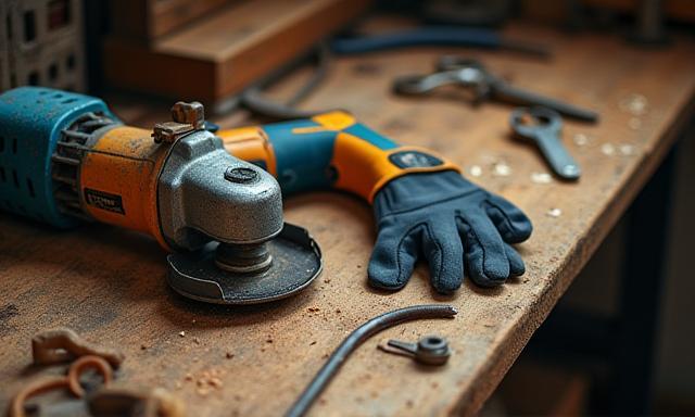 Power tools and safety gear arranged on a rustic workbench