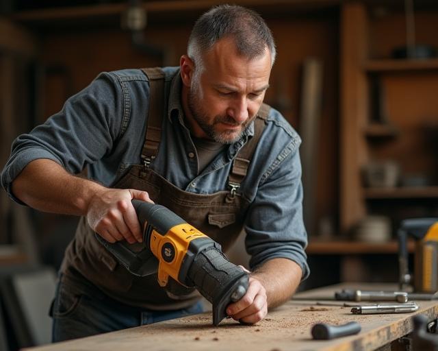 Professional using power tools in a rugged workshop environment