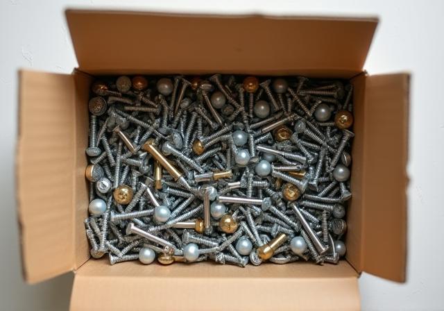 Box of assorted fasteners including screws and nails