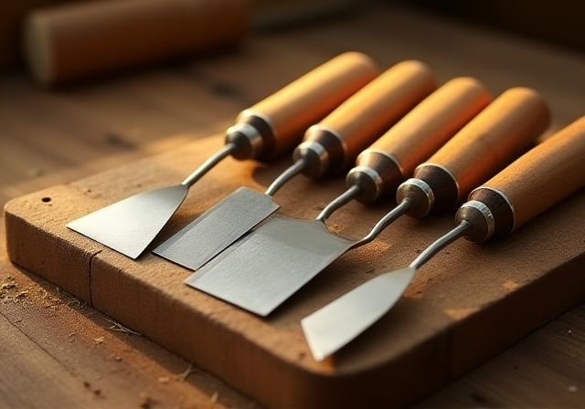 Set of wood chisels with wooden handles