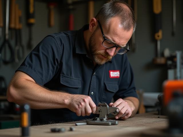 Technician carefully sharpening a blade with professional equipment